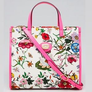 GUCCI Pink Leather Multicolor Floral Canvas Small Flora Tote Bag